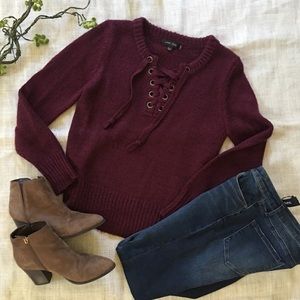 Burgundy Lace Up Sweater